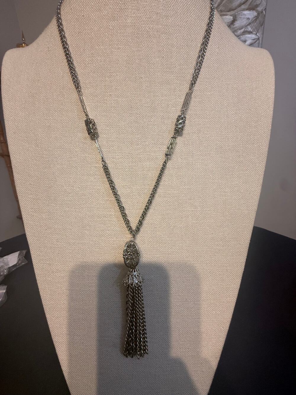 Silver Tone Tassel Pendant Necklace 24”